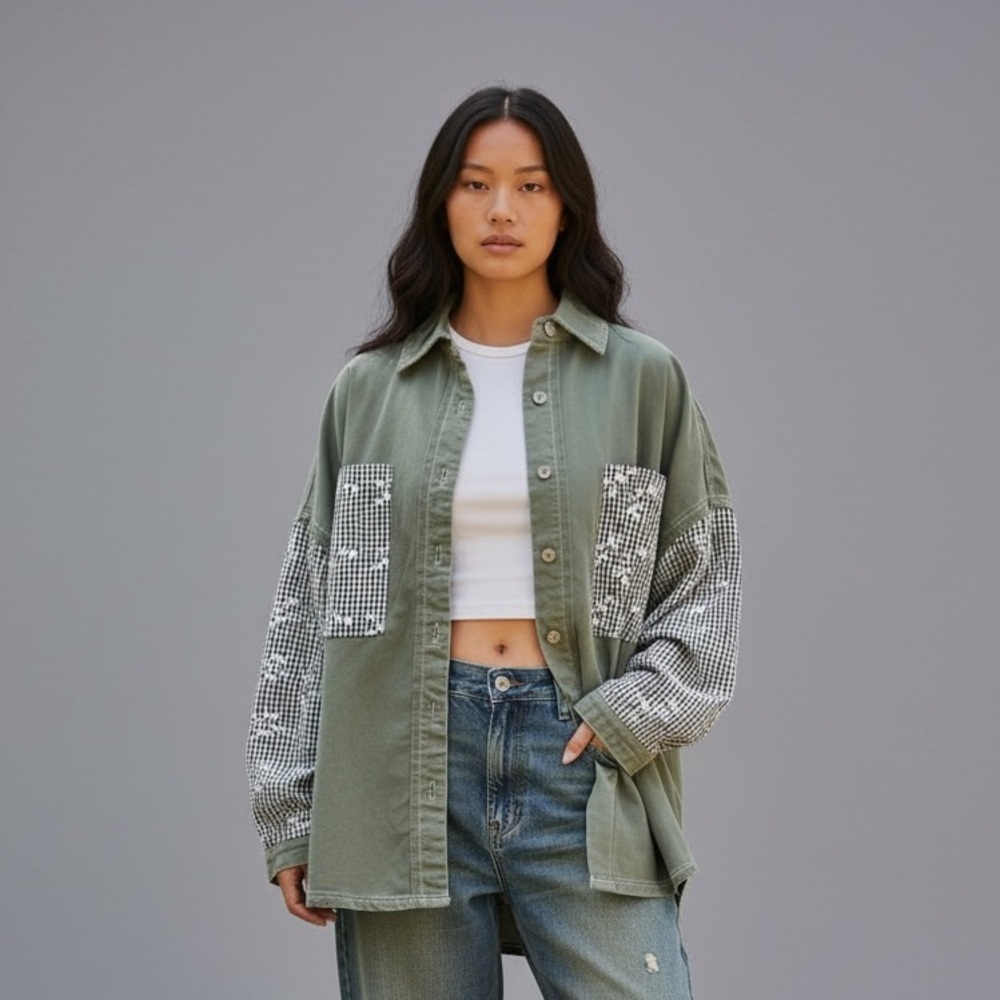 Pol Oversized Patchwork Gingham Embroidered Sleev… - image 1